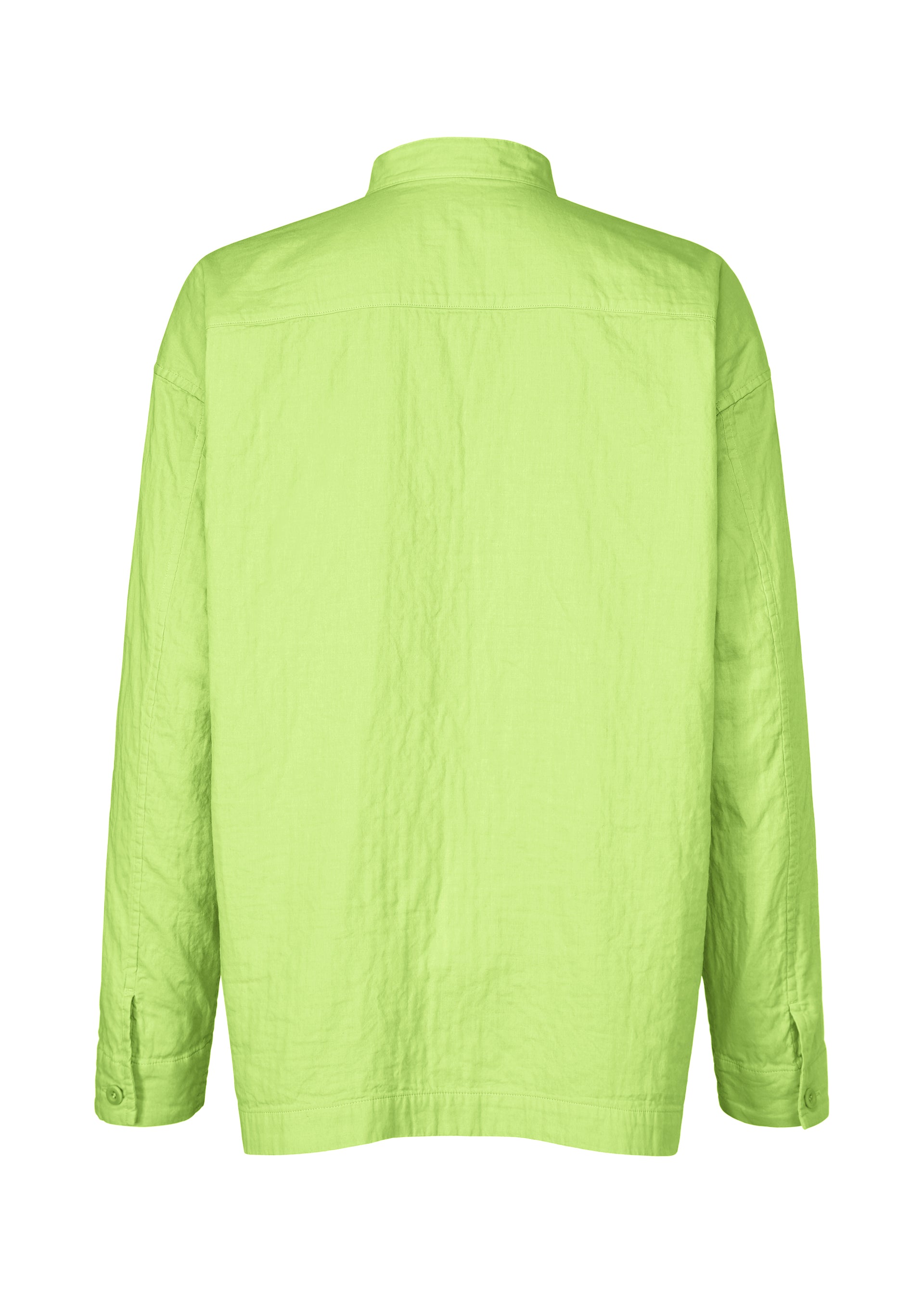 Zoomed view The IM MEN DOUBLE FACE COTTON SHIRT is shown from the back in bright lime green. It features a straight collar, buttoned cuffs, and lightweight double-woven cotton with a slightly fluffy texture, set against a plain white background.