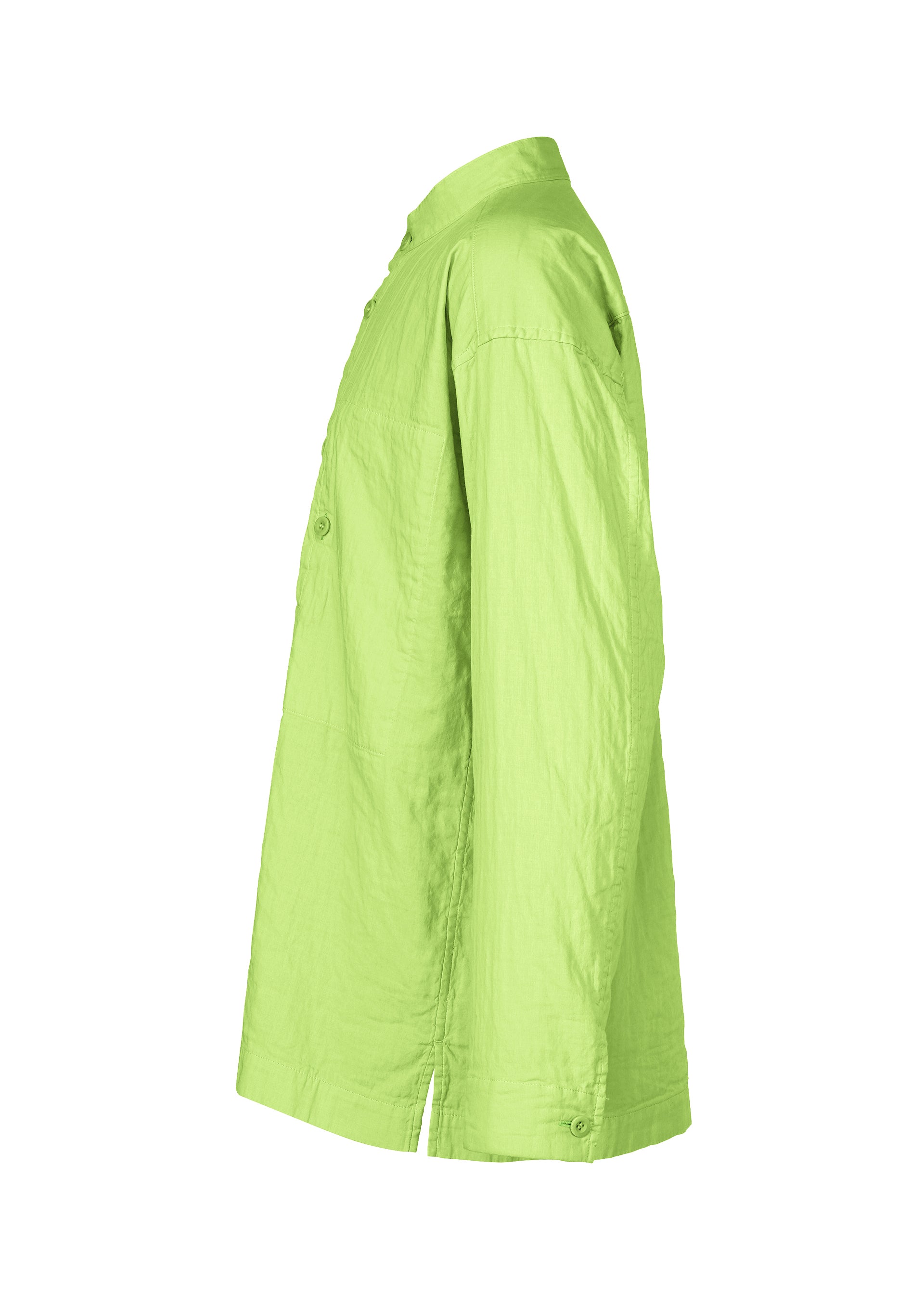 Zoomed view The IM MEN DOUBLE FACE COTTON SHIRT is a bright lime green, long-sleeve, button-up standing collar shirt with a fluffy texture, displayed from the side against a plain white background.