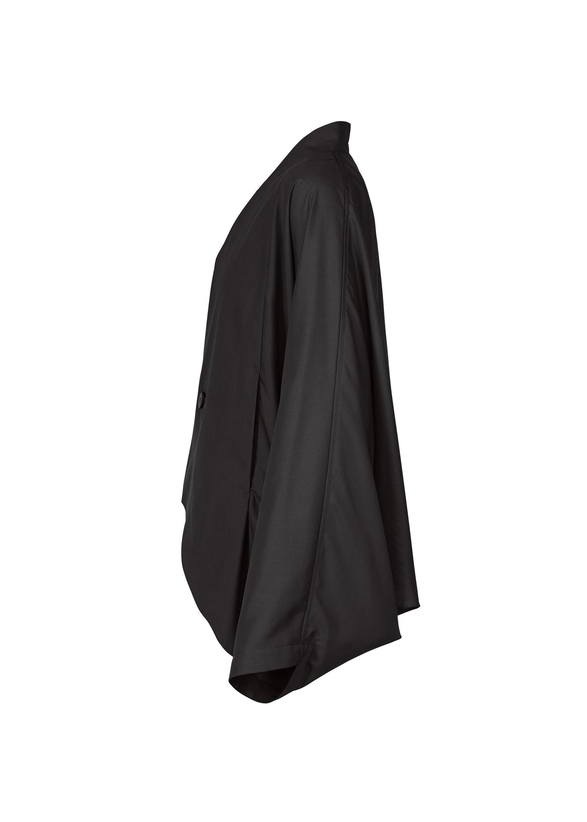 The SWING BLACK by IM MEN is a lightweight, black jacket with no collar, wide flowing sleeves, a relaxed draped fit, and two front pockets, shown from the side against a white background. view 3 of 7