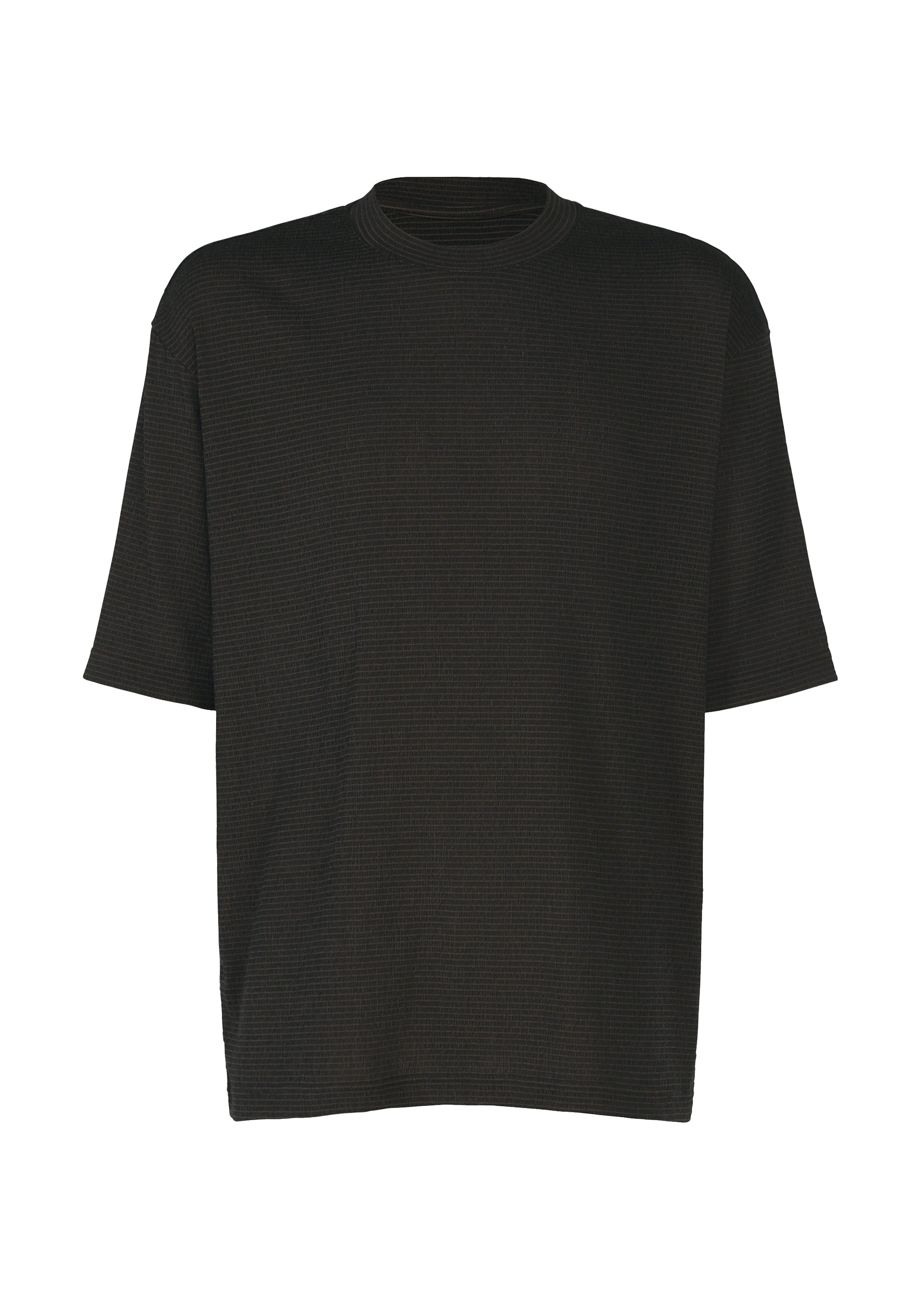 Zoomed view The SHRINK STRETCH T by IM MEN is a plain black oversized short-sleeve crewneck tee with a relaxed fit, displayed on a white background. This soft, comfortable shirt is ideal for stylish and easy everyday wear. - DARK BROWN （no.45）