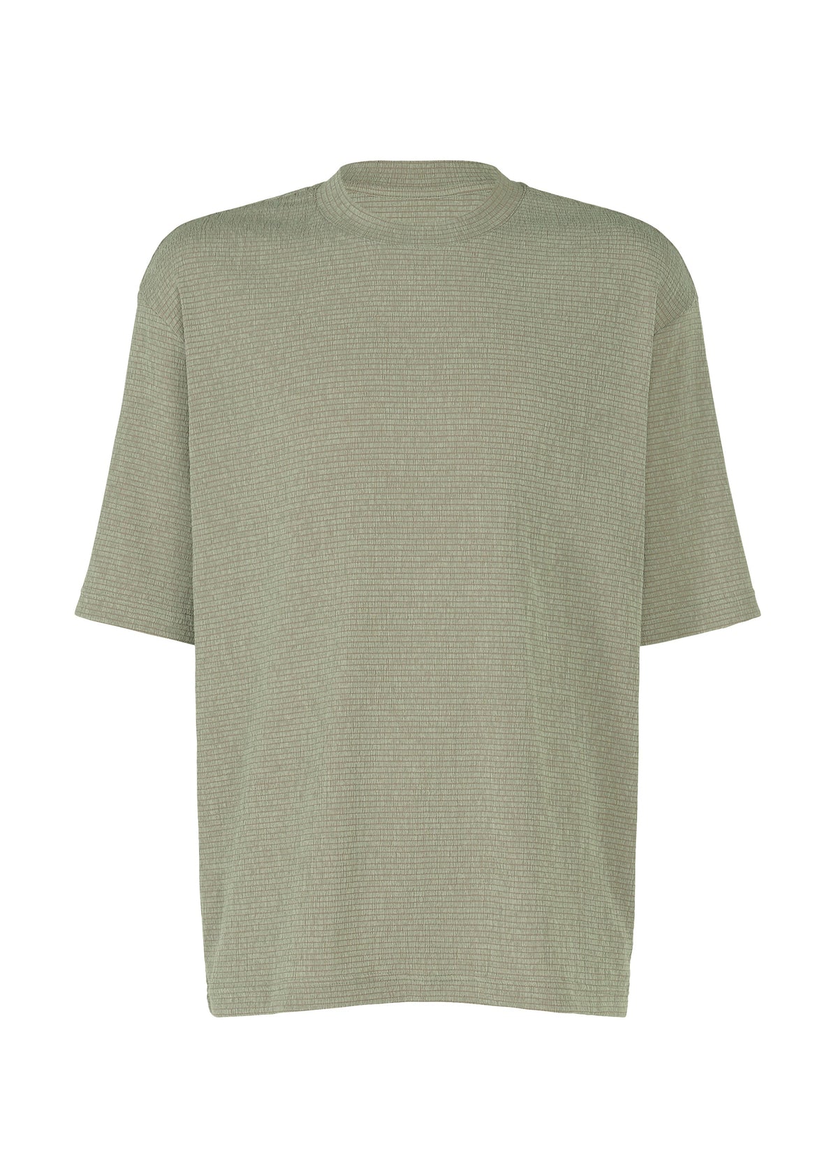 The IM MEN SHRINK STRETCH T is a plain, loose-fit, short-sleeve tee in muted sage green with an uneven texture and soft feel, shown on a white background. view 2 of 8