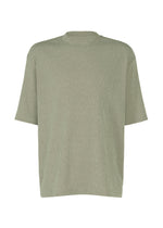 The IM MEN SHRINK STRETCH T is a plain, loose-fit, short-sleeve tee in muted sage green with an uneven texture and soft feel, shown on a white background. - SAGE GREEN （no.66）