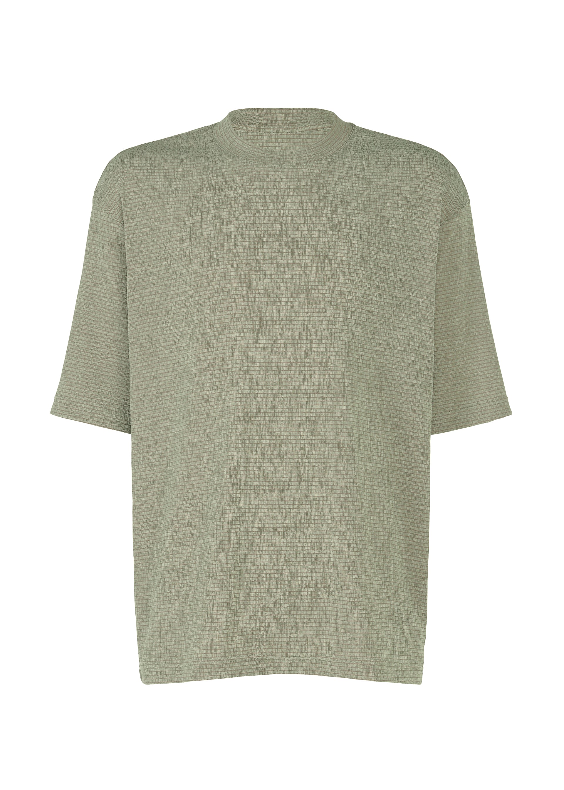 Zoomed view The IM MEN SHRINK STRETCH T is a plain, loose-fit, short-sleeve tee in muted sage green with an uneven texture and soft feel, shown on a white background. - SAGE GREEN （no.66）