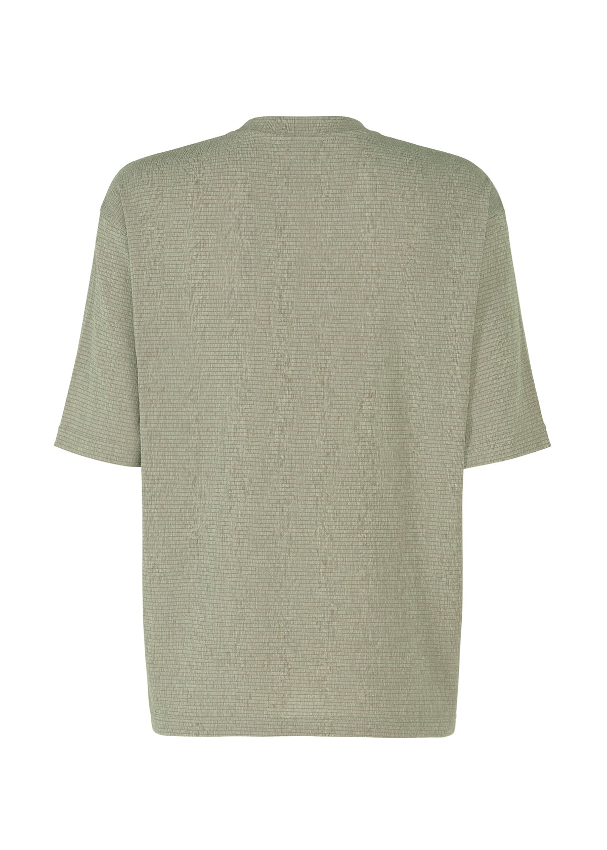 Back view of the IM MEN SHRINK STRETCH T, a plain light olive green T-shirt with short sleeves and a soft feel, laid flat on a white background. This relaxed fit tee has no visible patterns, logos, or embellishments. view 4 of 8