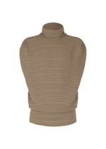 The ENGRAVE KNIT by IM MEN is a tan ribbed turtleneck sweater with long sleeves and a wavy textured pattern, inspired by Shoji Kamoda’s artistry, shown on a white background. - BEIGE （no.41）