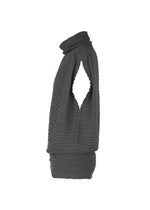 IM MEN's ENGRAVE KNIT is a ribbed dark gray seamless knit top featuring a high neck and diamond chest cutout, crafted with deknit thread, shown on a plain white background.