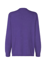 The IM MEN COMFORT sweater, shown from the back against a white background, is a plain purple long-sleeved knit made from breathable cotton-nylon yarn with a crew neck, ribbed cuffs, and hem.