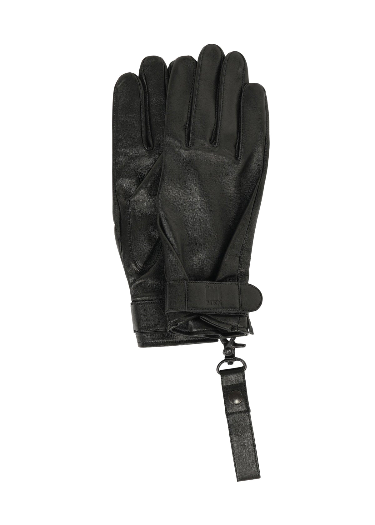 Zoomed view IM MEN PIGEON GLOVES in black natural leather, featuring a wide opening, adjustable strap, and detachable leather wrist strap, displayed flat on a white background. - BLACK （no.15）