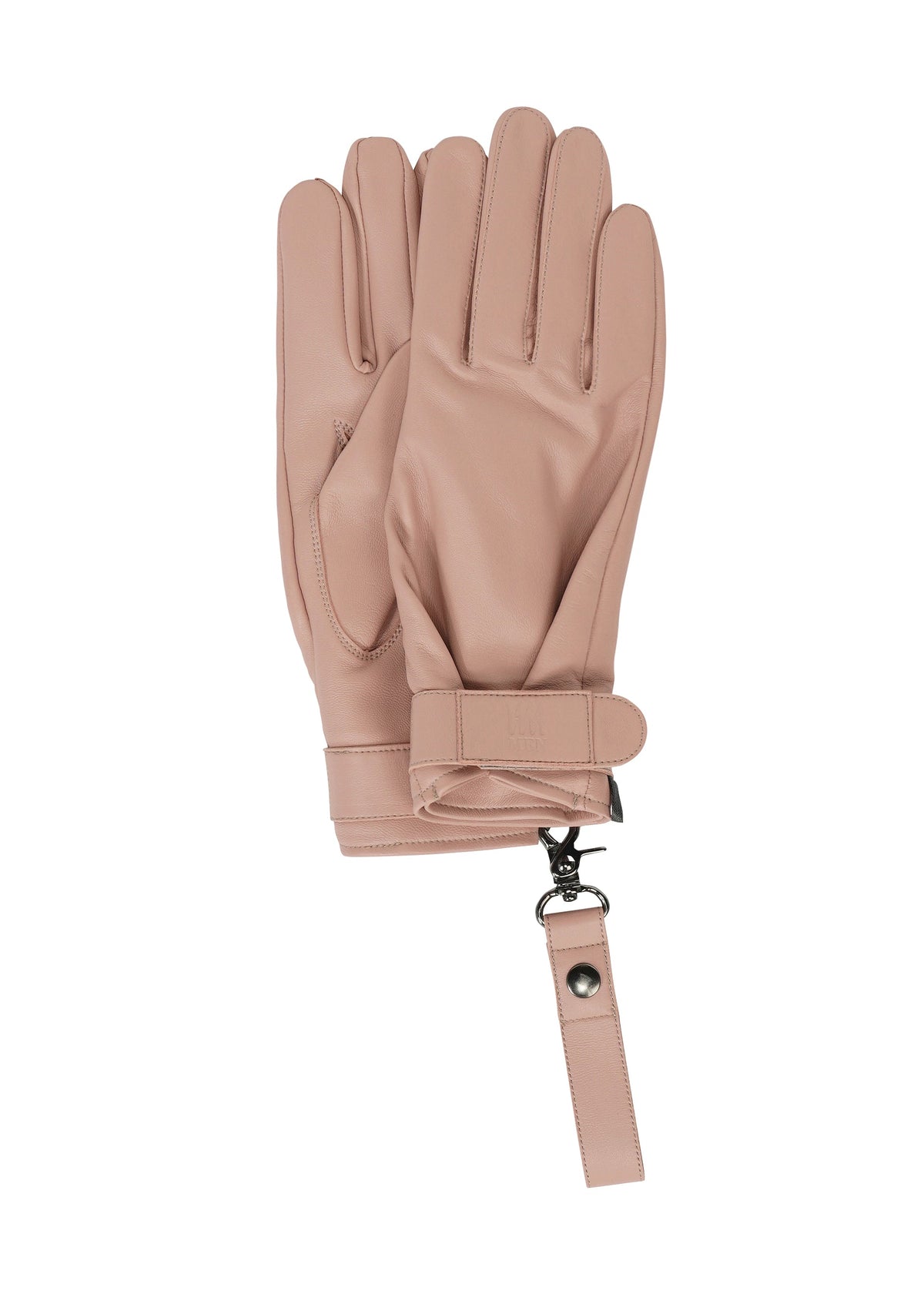 Zoomed view PIGEON GLOVES by IM MEN: Light pink natural leather gloves with wide openings, wrist straps, snap buttons, and a small metal clasp connecting them, shown on a white background. - PINK （no.22）