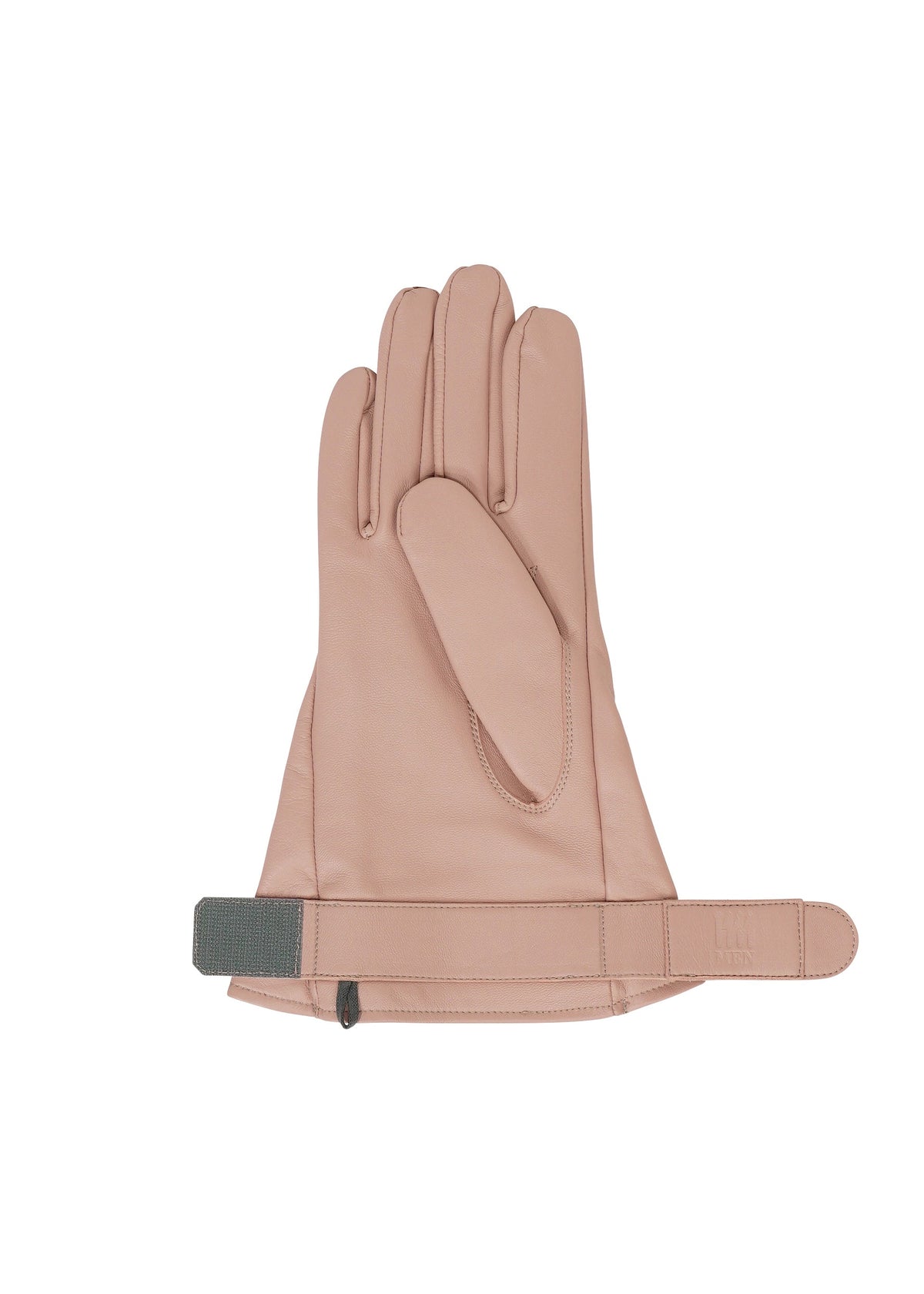 Zoomed view A single PIGEON GLOVES by IM MEN in light pink natural leather with a wide opening and Velcro fastener is laid flat on a white background.