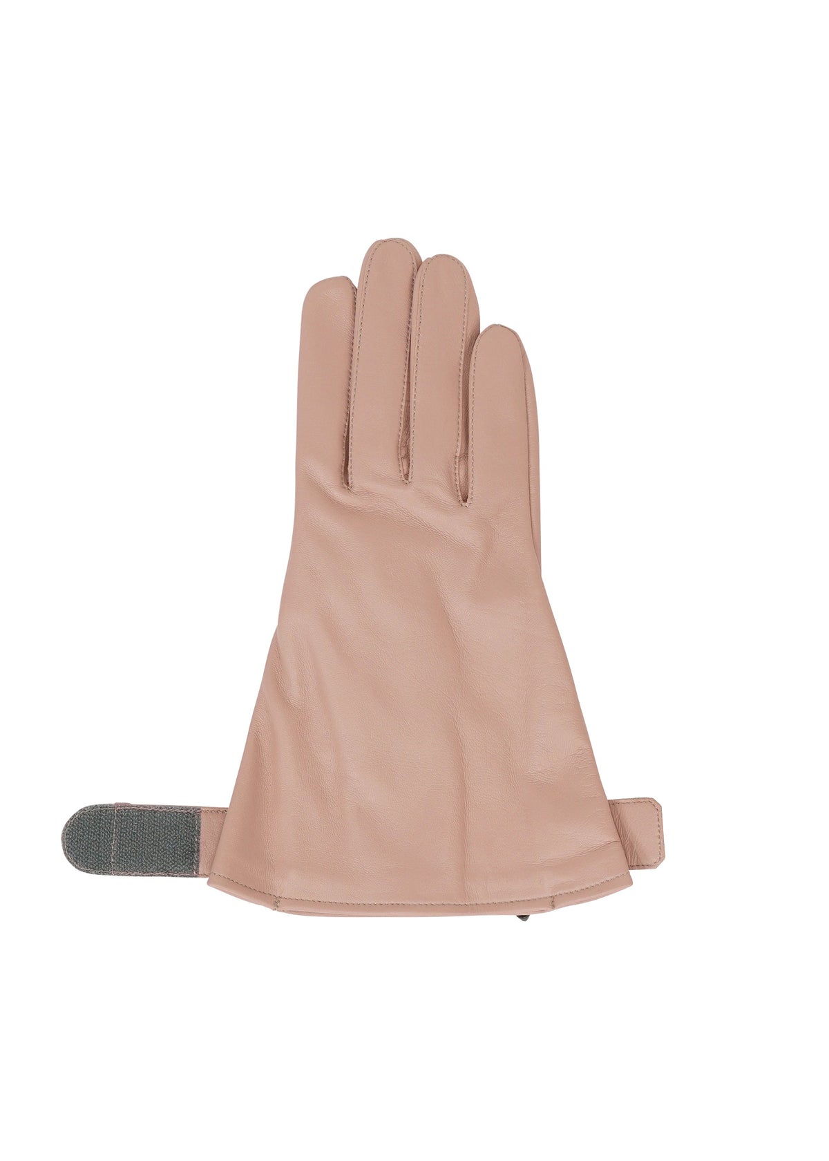 A single PIGEON GLOVES by IM MEN in beige natural leather, three fingers and a thumb, wide opening, adjustable strap with dark patch, laid flat on a white background. view 4 of 7
