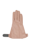A single PIGEON GLOVES by IM MEN in beige natural leather, three fingers and a thumb, wide opening, adjustable strap with dark patch, laid flat on a white background.