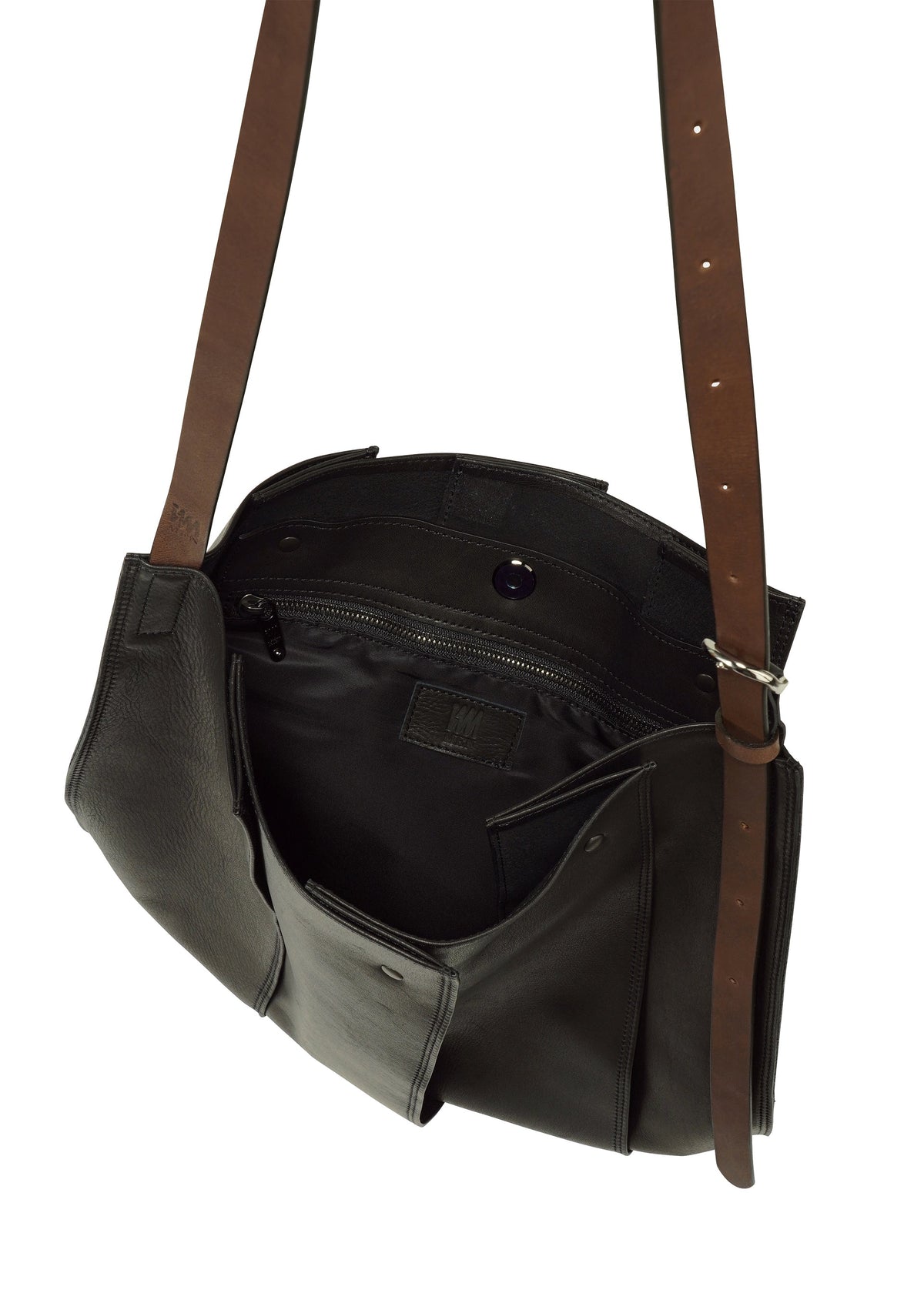 Introducing the LEATHER PLEATS by IM MEN—a black natural leather crossbody bag featuring brown adjustable straps. Shown open, it reveals an inner zippered pocket and multiple compartments, making it the perfect stylish 13-inch laptop bag for your daily essentials. view 5 of 8