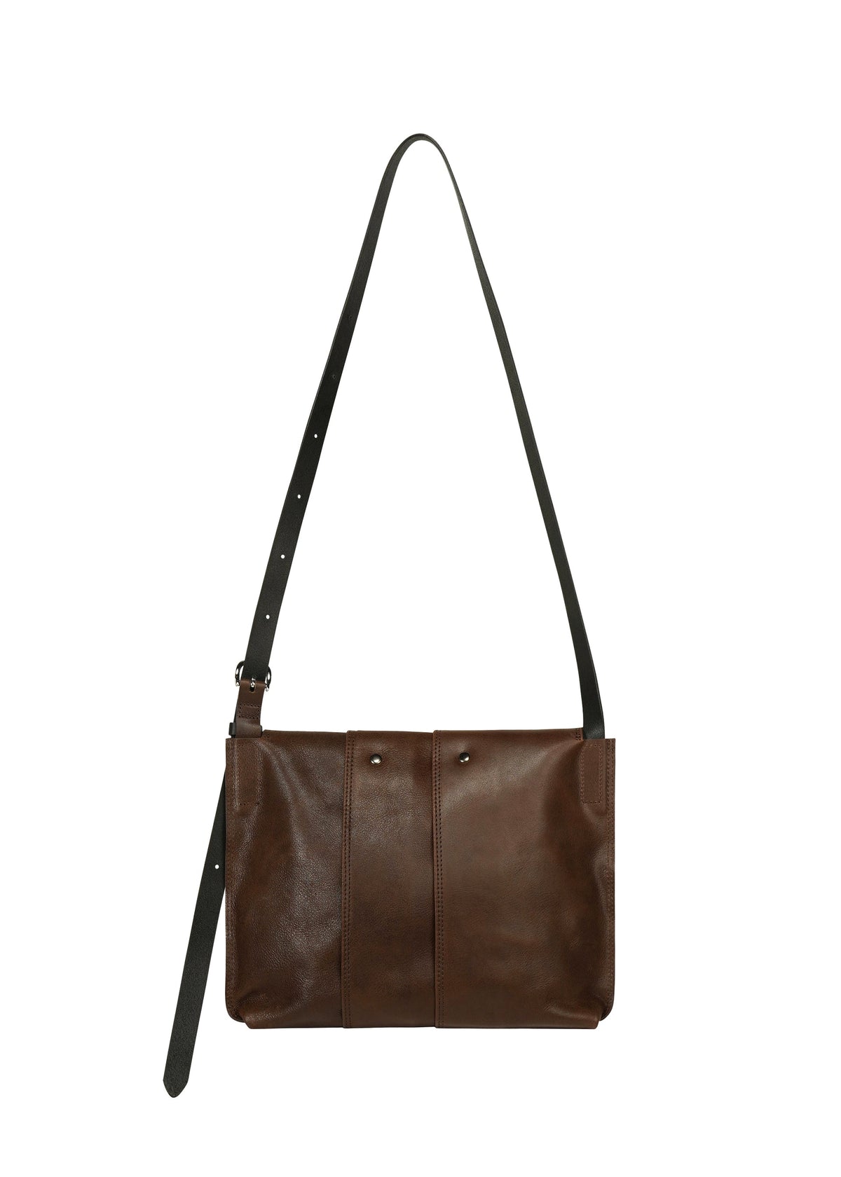 LEATHER PLEATS by IM MEN: A brown natural leather shoulder bag featuring a flap closure, visible stitching, and an adjustable black strap, showcased against a white background. Part of the IM MEN Autumn Winter 2026/27 Collection. view 4 of 8