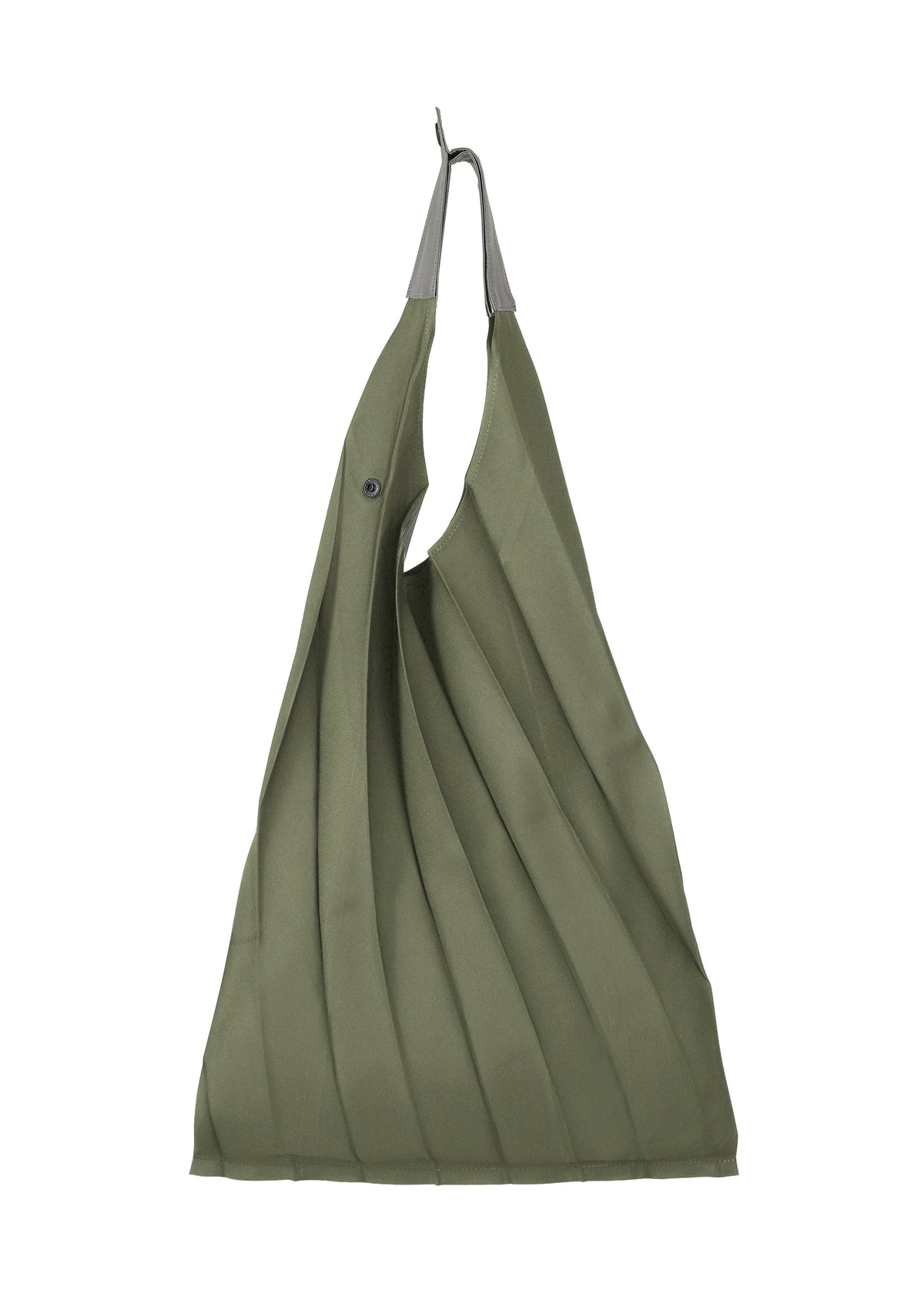 The GURU GURU tote bag by IM MEN is a green, foldable bag with handmade pleats, a gray S-curved single handle, and button closure, elegantly displayed against a white background. view 3 of 11