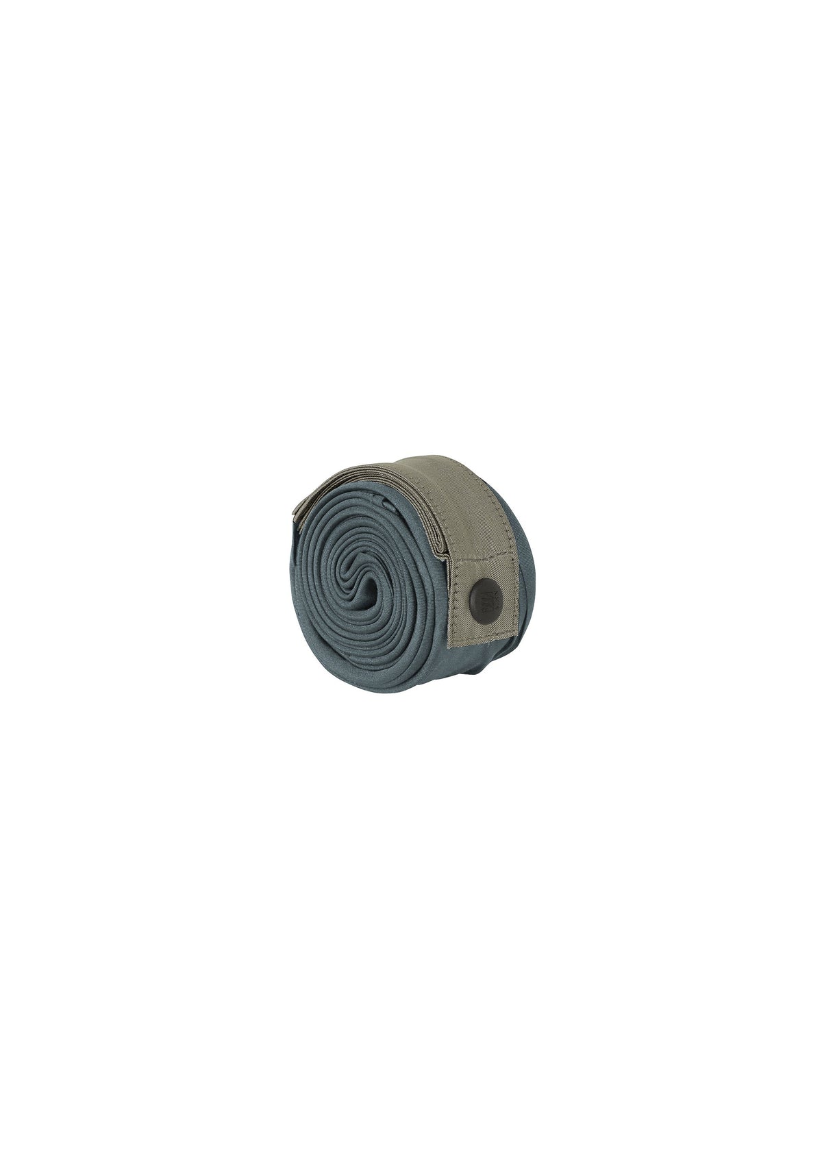 The IM MEN GURU GURU is a rolled-up gray fabric belt featuring an S-shaped curve, khaki accent secured by a black button, shown against a plain white background. view 5 of 11