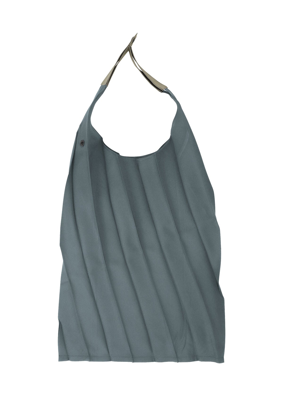 The IM MEN GURU GURU is a gray foldable tote bag with handmade pleats, a single handle, and button closure near the top, shown against a white background. view 7 of 11