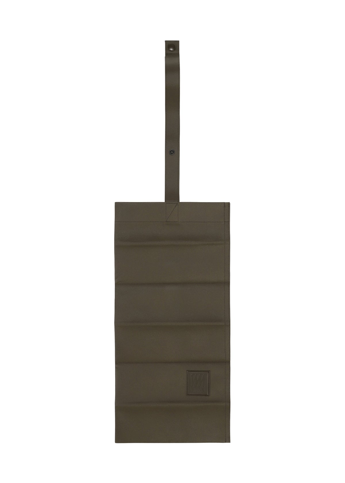 Zoomed view A rectangular olive-green polyester suede bag with horizontal stitching, a snap-button top strap, and a small square IM MEN PATA PA patch on the bottom right.