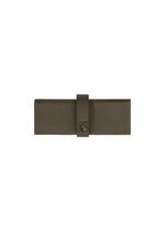 A closed, olive green wallet with a buttoned strap is shown on a white background next to an IM MEN PATA PA foldable tote bag.