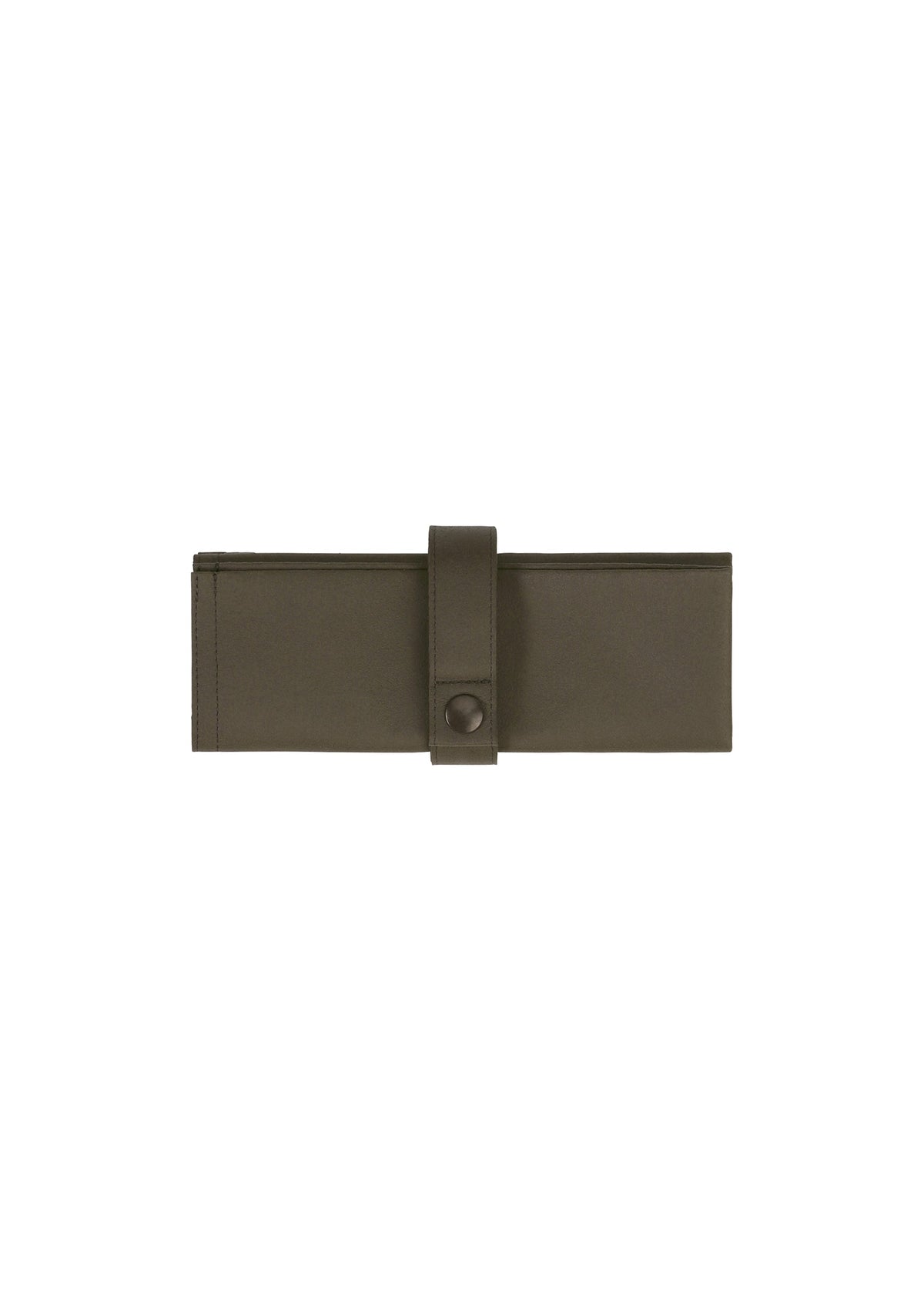 Zoomed view A closed, olive green wallet with a buttoned strap is shown on a white background next to an IM MEN PATA PA foldable tote bag.