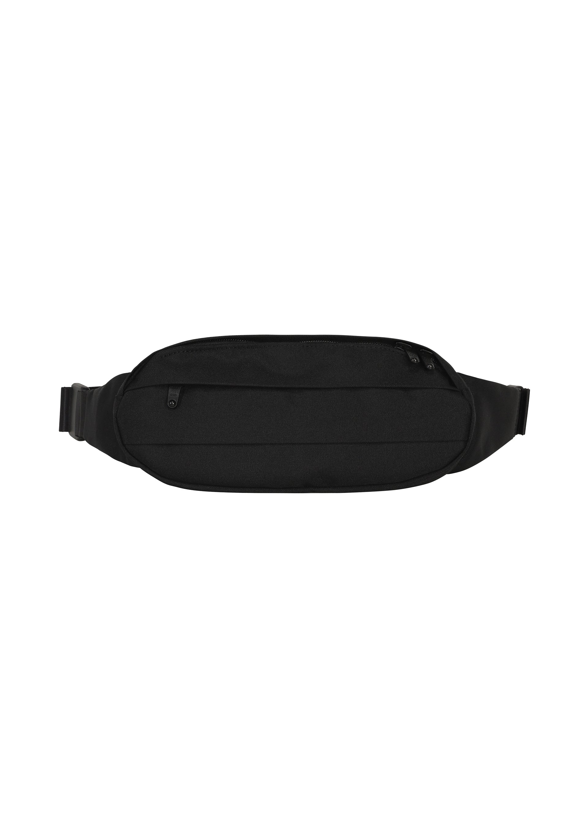 Zoomed view The IM MEN CUMMERBUND BAG is a compact black waist bag, displayed against a white background. It features a zippered main compartment, a smaller front pocket, and adjustable straps on each side—balancing practicality and style. - BLACK （no.15）