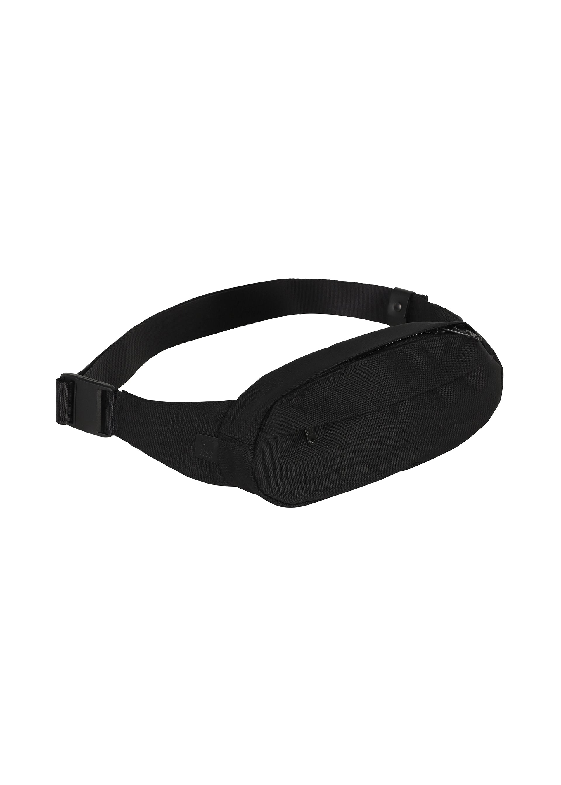 Zoomed view The IM MEN CUMMERBUND BAG is a black waist bag designed with a zippered main compartment and an adjustable strap, offering a compact size for everyday convenience. It is displayed on a white background.