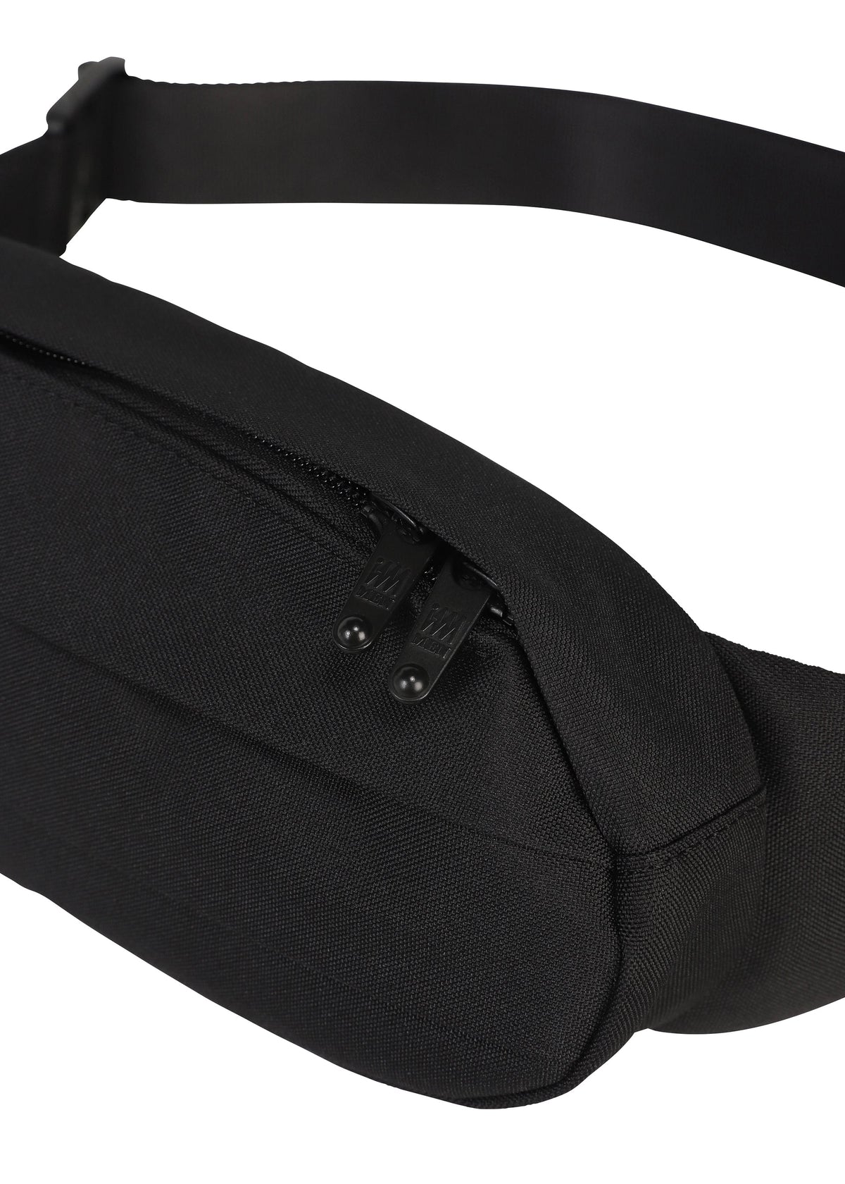 A close-up of the IM MEN CUMMERBUND BAG, a black fabric fanny pack with a zipper and adjustable strap, featuring a compact size reminiscent of a classic shoulder bag, isolated on a white background. view 6 of 11