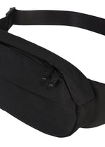 A close-up of the IM MEN CUMMERBUND BAG, a black fabric fanny pack with a zipper and adjustable strap, featuring a compact size reminiscent of a classic shoulder bag, isolated on a white background.