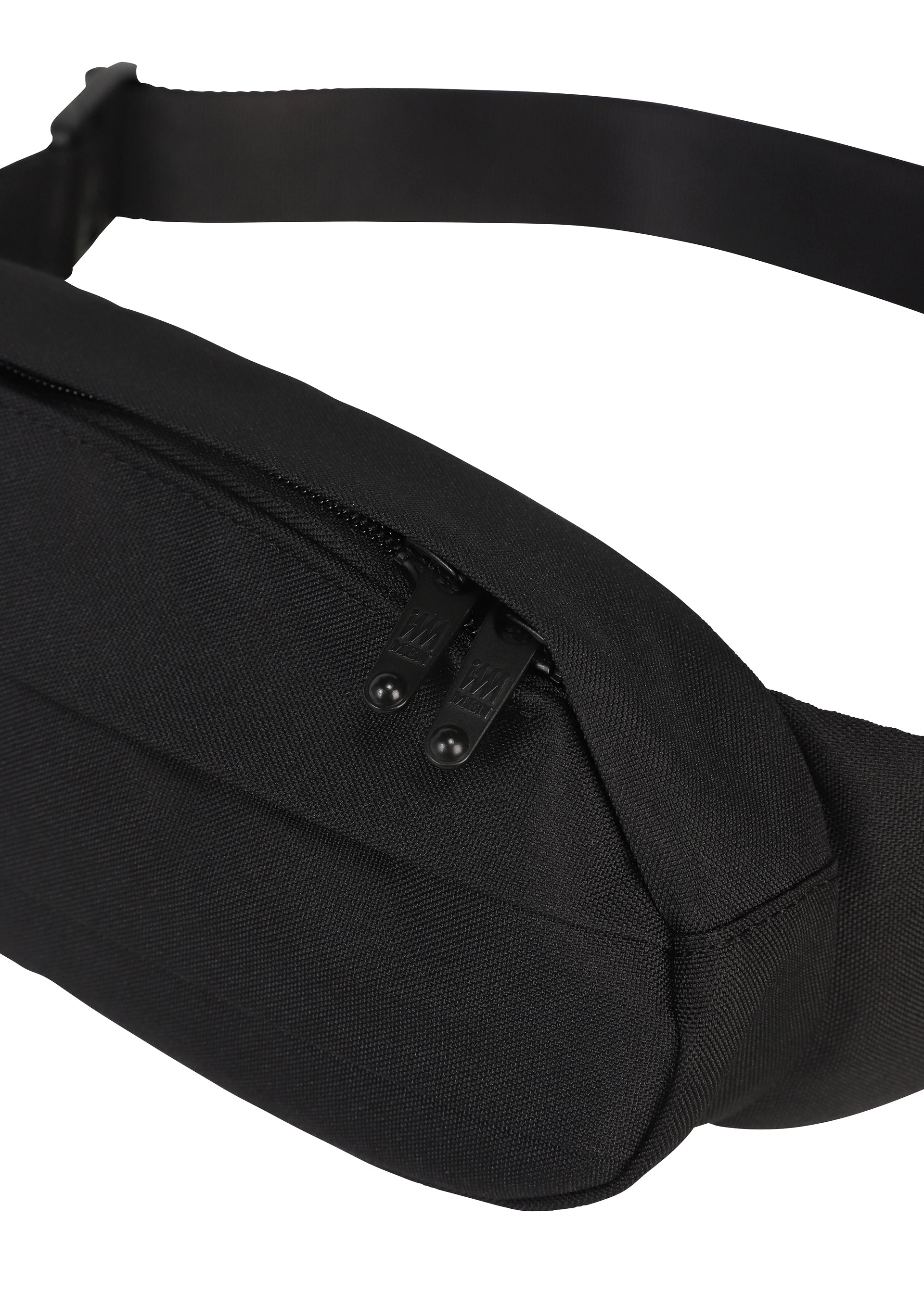 Zoomed view A close-up of the IM MEN CUMMERBUND BAG, a black fabric fanny pack with a zipper and adjustable strap, featuring a compact size reminiscent of a classic shoulder bag, isolated on a white background.