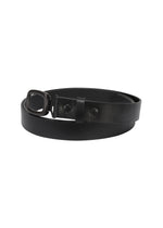 Presenting the IM MEN OVAL belt: a genuine leather accessory featuring a rectangular black metal buckle, elegantly coiled in a circular shape against a white background. This adjustable belt merges sleek style with versatile function, making it an essential addition to any wardrobe. - BLACK （no.15）