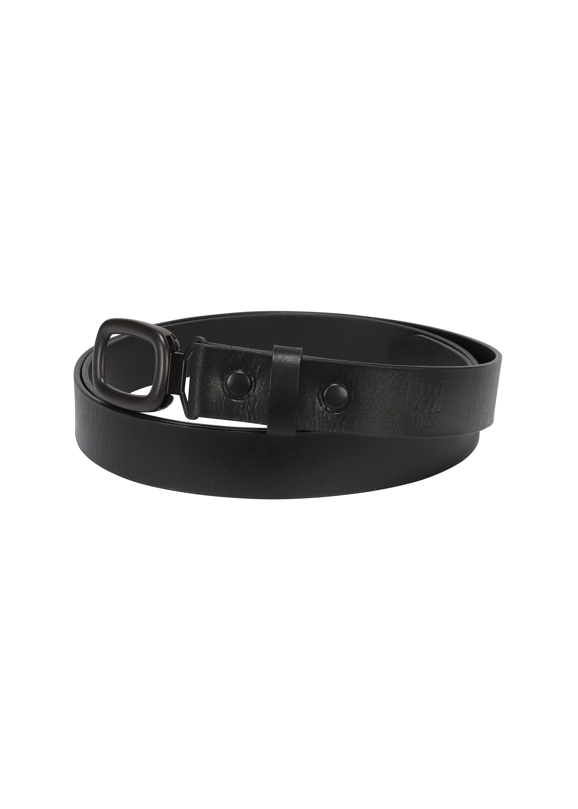 Zoomed view Presenting the IM MEN OVAL belt: a genuine leather accessory featuring a rectangular black metal buckle, elegantly coiled in a circular shape against a white background. This adjustable belt merges sleek style with versatile function, making it an essential addition to any wardrobe. - BLACK （no.15）
