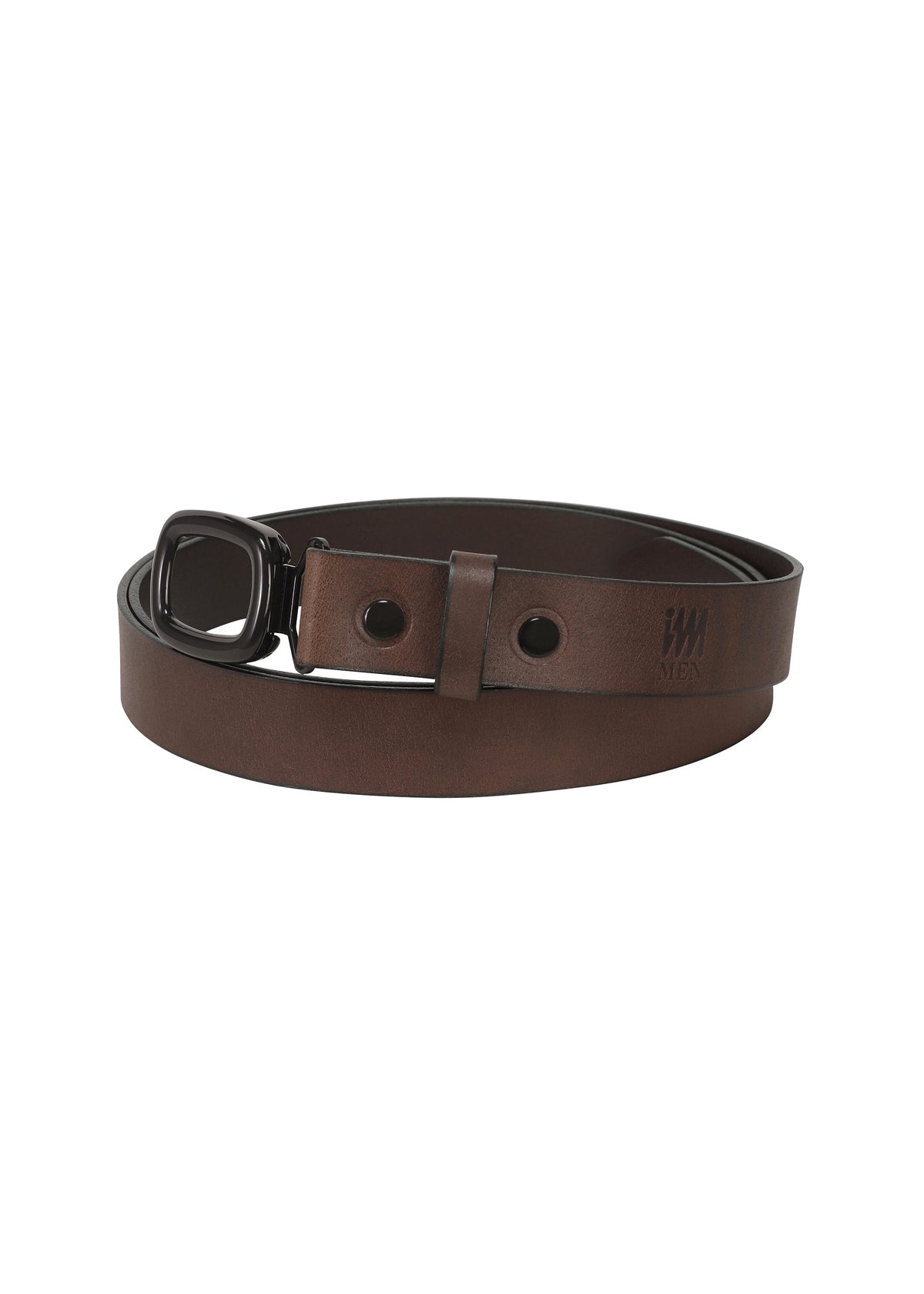The IM MEN OVAL belt, crafted from brown genuine leather, features a black angled buckle and is shown coiled on a white background. This adjustable belt includes two holes and a subtle embossed design near the tip. view 2 of 6