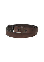 The IM MEN OVAL belt, crafted from brown genuine leather, features a black angled buckle and is shown coiled on a white background. This adjustable belt includes two holes and a subtle embossed design near the tip. - BROWN （no.44）