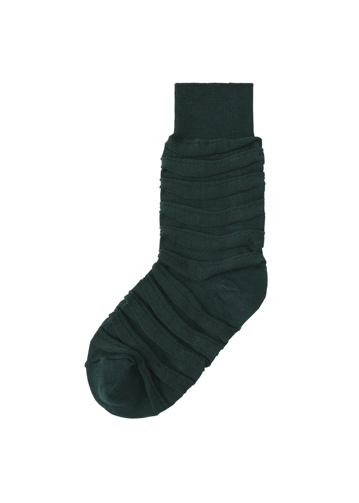 A single FORMAL WAVE SOCK by IM MEN in dark green, featuring a ribbed texture and ruched fabric, shown on a plain white background. view 3 of 5
