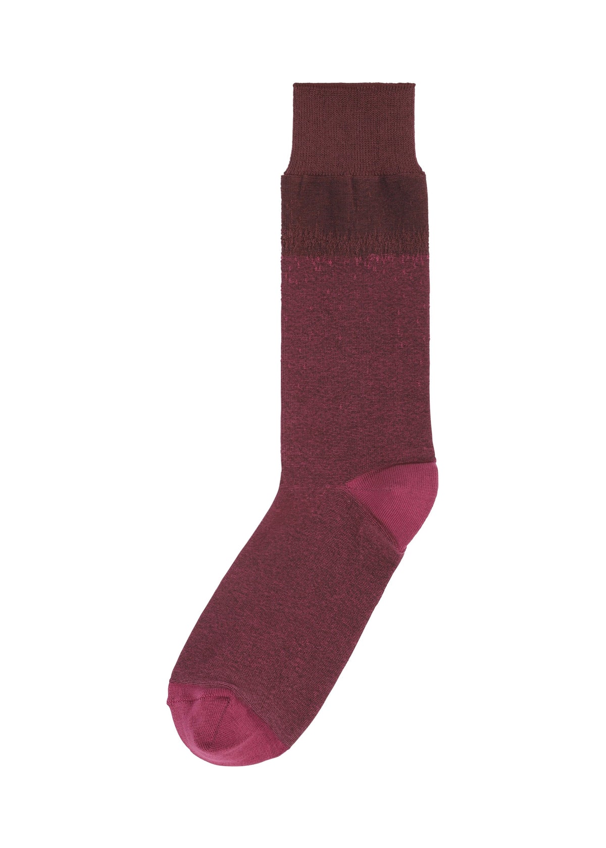 Zoomed view A single GRADATION SOCKS by IM MEN in maroon with a darker cuff and toe, lighter heel and toe accents, elegantly displayed on a white background. - WINE RED （no.28）