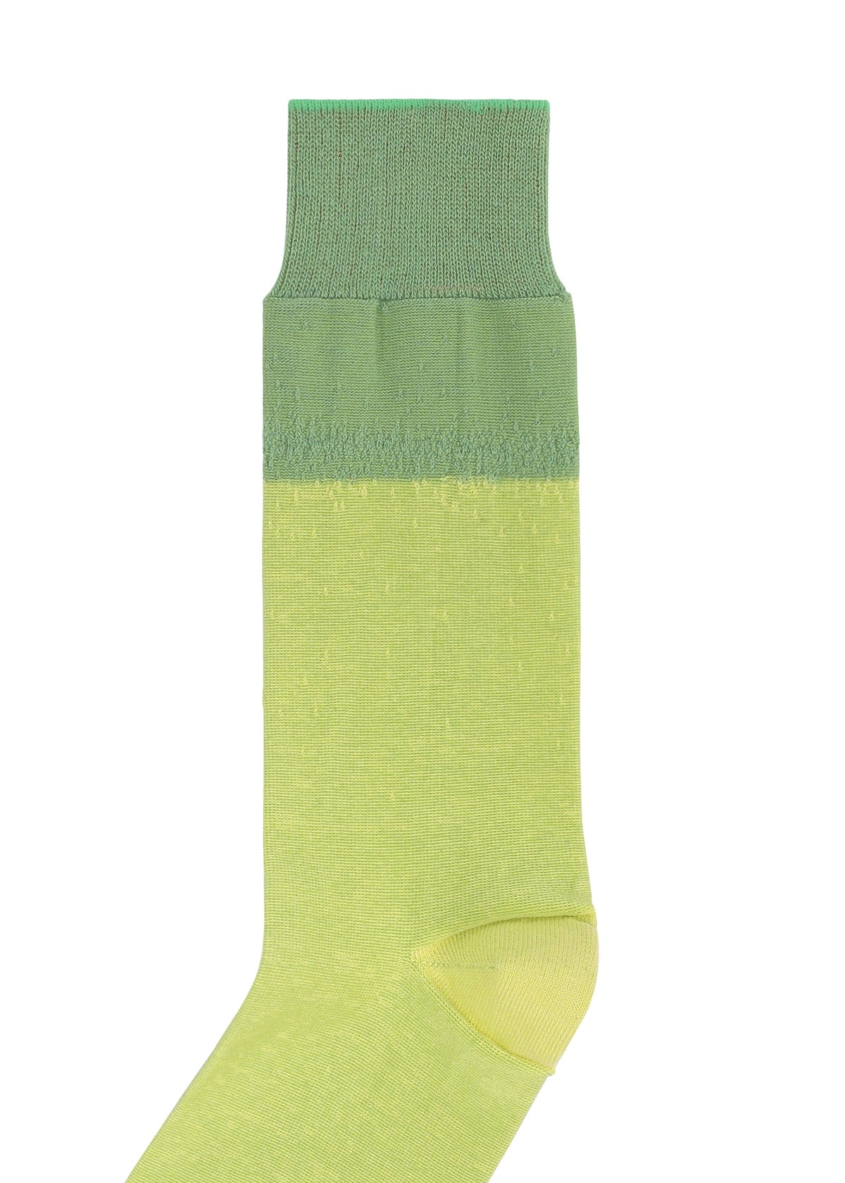 Zoomed view The IM MEN GRADATION SOCKS feature a single sock with a gradient from dark green at the cuff, to medium green mid-sock, to light yellow-green at the foot, shown on a white background.