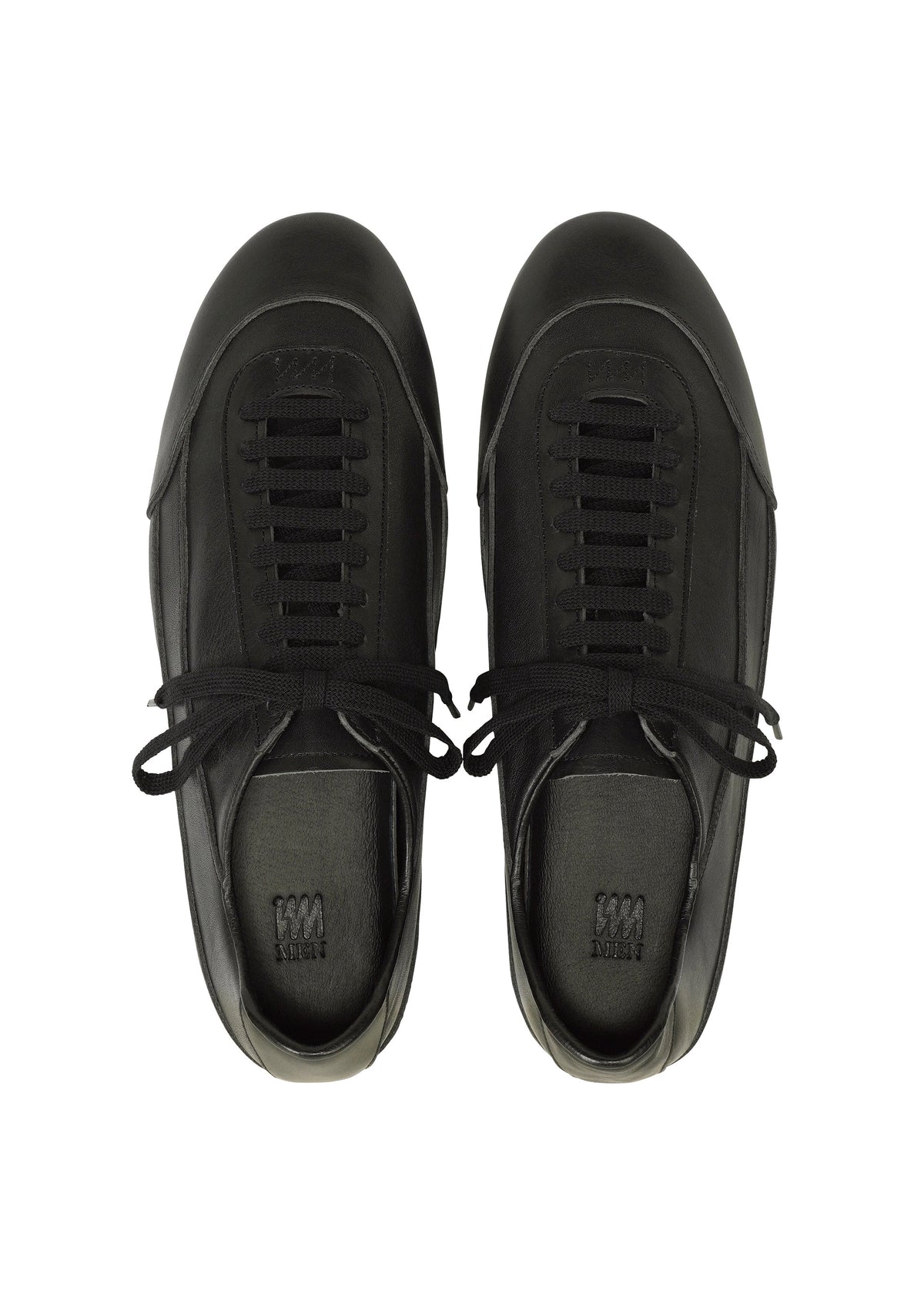 A pair of IM MEN FLIPPER black lace-up sneakers crafted from supple leather, photographed from above on a white background. view 4 of 6