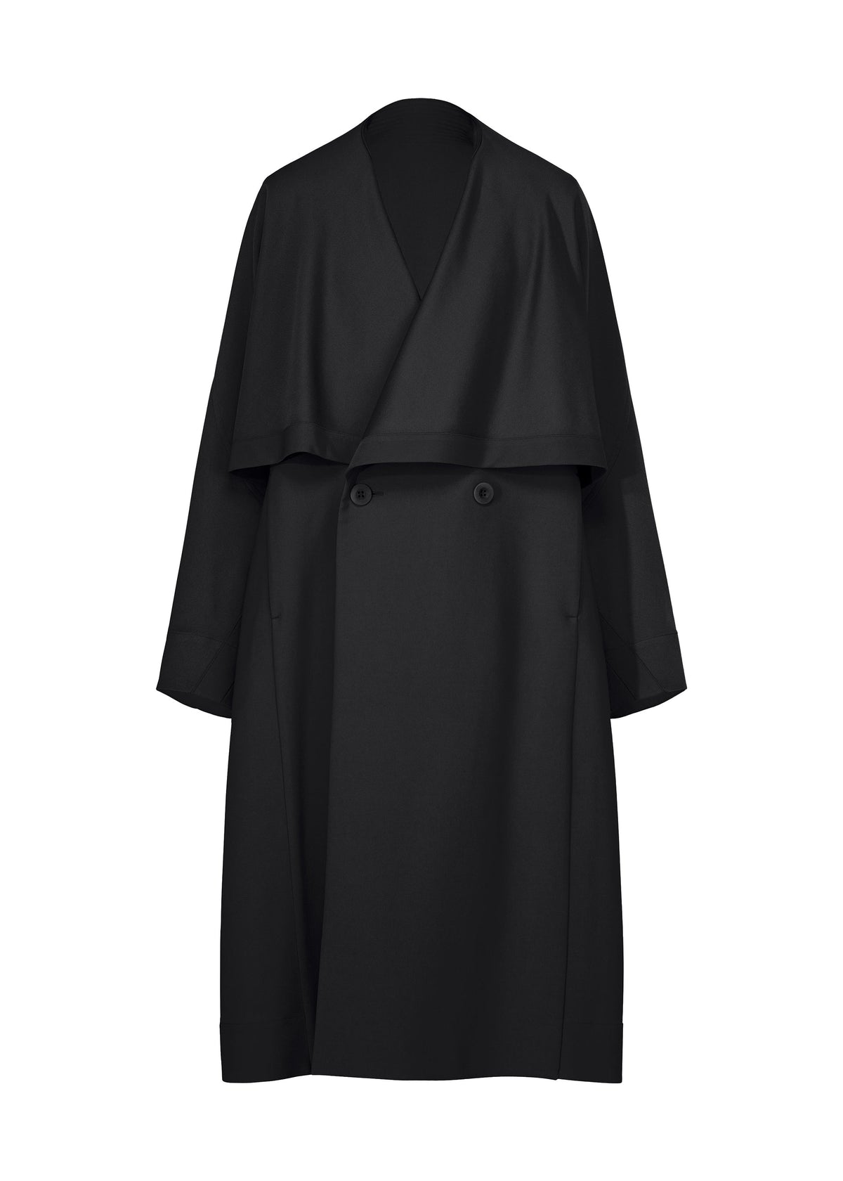 The FRONT BACK coat by IM MEN is a long black wool piece with a wide lapel, double-breasted front, and loose fit, featuring a luxurious satin back. Displayed on a plain white background, it is part of the IM MEN Autumn Winter Collection. view 1 of 9