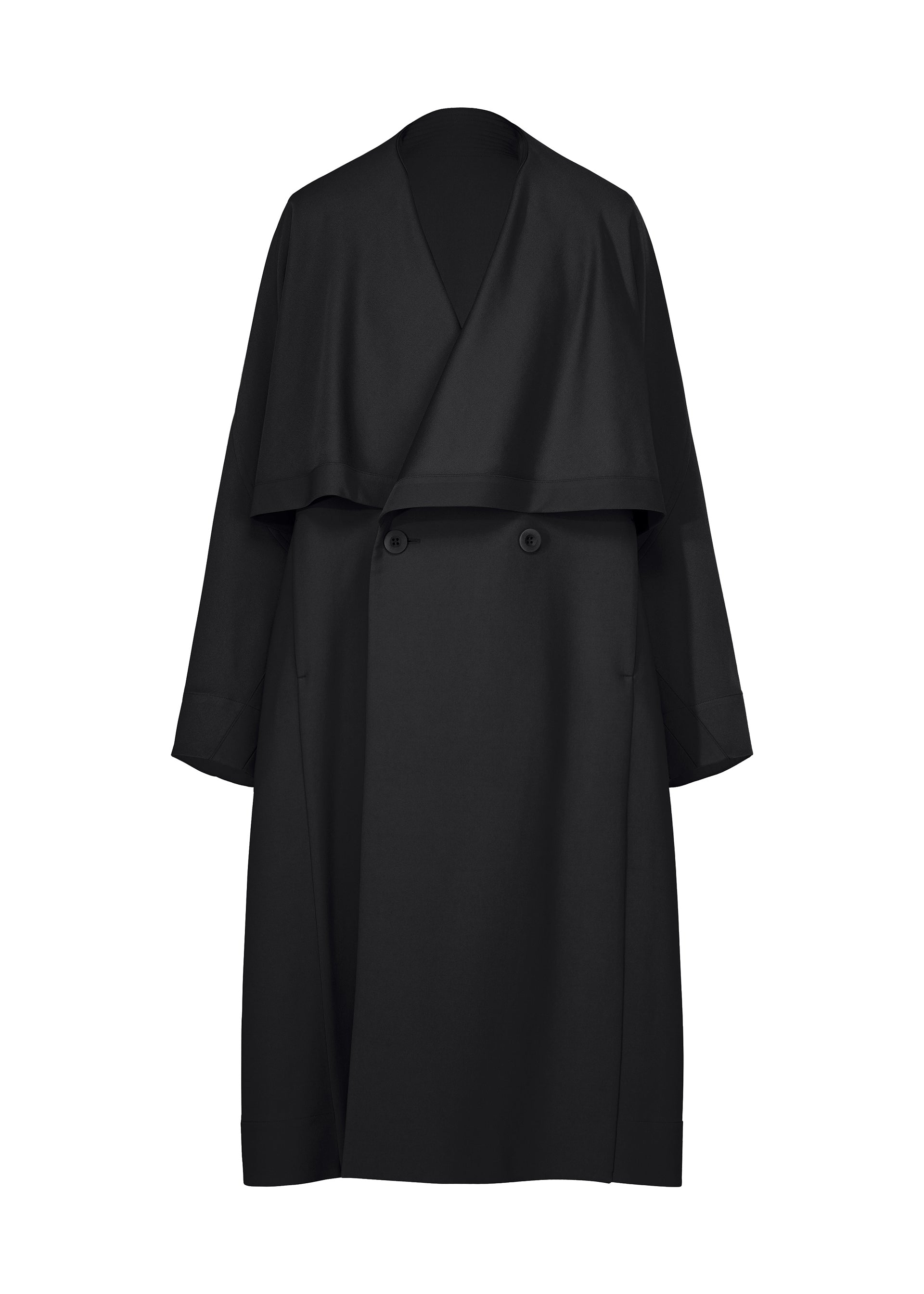 Zoomed view The FRONT BACK coat by IM MEN is a long black wool piece with a wide lapel, double-breasted front, and loose fit, featuring a luxurious satin back. Displayed on a plain white background, it is part of the IM MEN Autumn Winter Collection. - BLACK （no.15）
