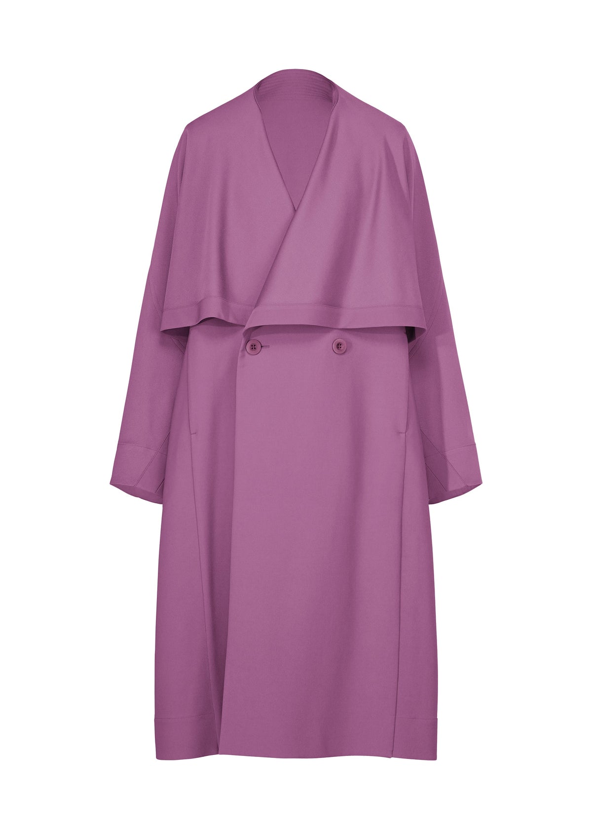 Introducing the FRONT BACK coat from IM MEN’s Autumn Winter Collection—a long, light purple trench coat featuring a double-breasted front with two buttons, wide lapels, and relaxed, loose-fitting sleeves. Crafted in elegant wool with a subtle satin back, this standout piece is photographed against a white background. view 2 of 9