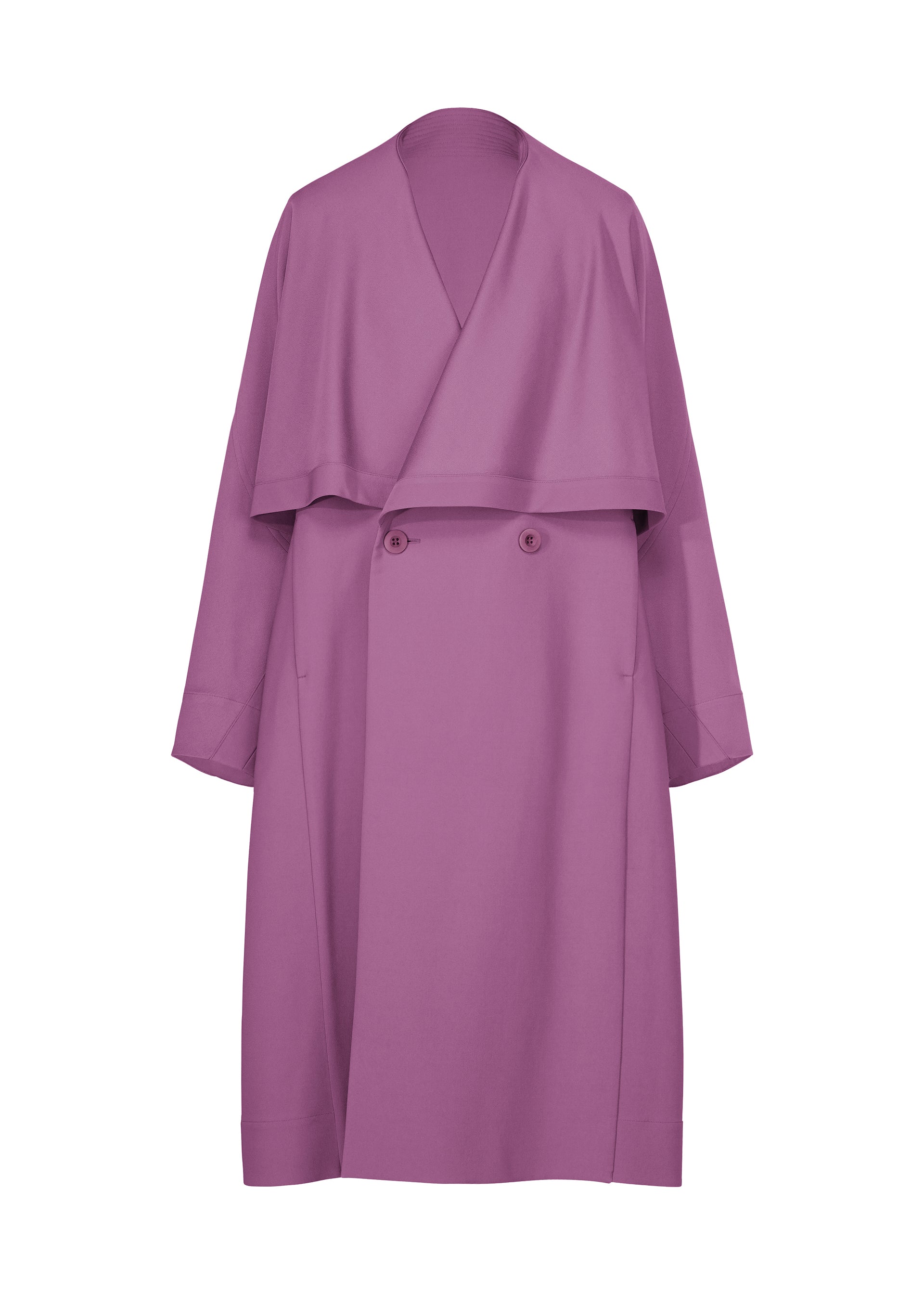 Zoomed view Introducing the FRONT BACK coat from IM MEN’s Autumn Winter Collection—a long, light purple trench coat featuring a double-breasted front with two buttons, wide lapels, and relaxed, loose-fitting sleeves. Crafted in elegant wool with a subtle satin back, this standout piece is photographed against a white background. - PURPLE （no.81）