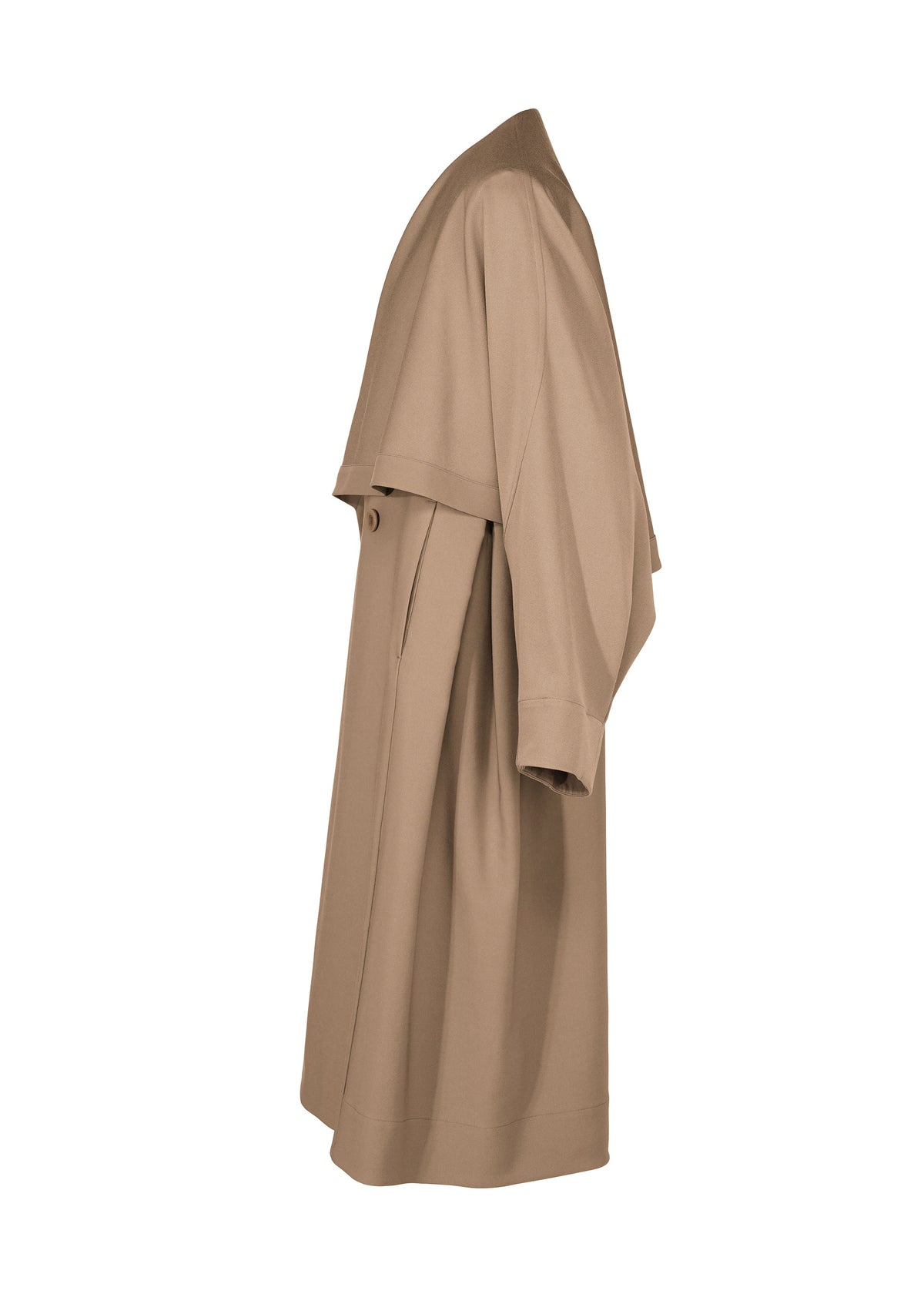 Certainly! Here’s a rewritten sentence using your provided product data: The FRONT BACK trench coat from IM MEN is shown in profile against a plain white background. Crafted as part of the Autumn Winter Collection, this long tan piece features wide lapels, a relaxed silhouette, and is refined with wool and a subtle satin back detail for an elevated touch. view 3 of 9