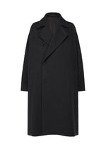 The IM MEN FULLER WOOL is a long black double-breasted coat with wide lapels, two front pockets, an oversized fit, and a subtle fluffy texture, shown against a plain white background. - BLACK （no.15）