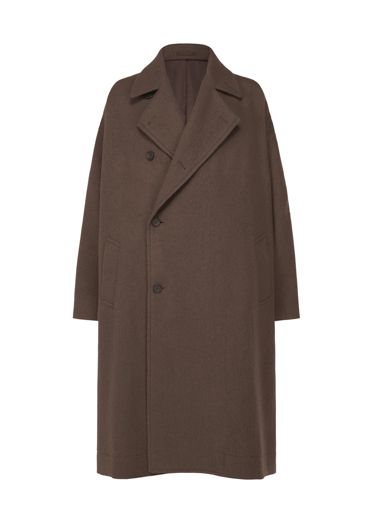 Zoomed view The IM MEN FULLER WOOL is a brown, oversized wool coat with a fluffy texture, notched collar, two buttons, and two side pockets, shown against a white background. - BROWN （no.44）