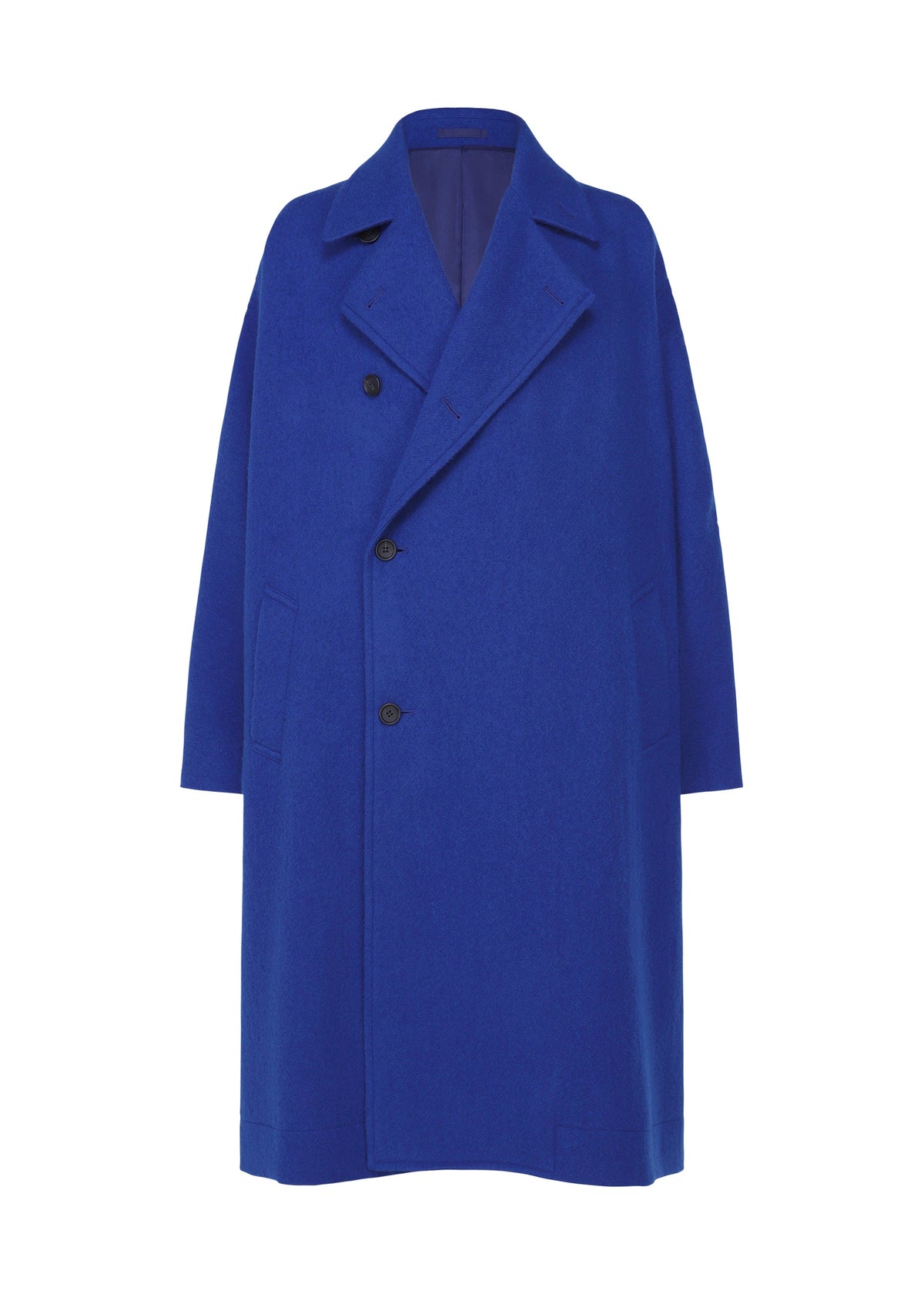 The IM MEN FULLER WOOL is a long, oversized cobalt blue coat with a standing collar, wide lapels, two front pockets, three black buttons, and a fluffy texture shown on a white background. view 3 of 8