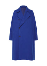 The IM MEN FULLER WOOL is a long, oversized cobalt blue coat with a standing collar, wide lapels, two front pockets, three black buttons, and a fluffy texture shown on a white background. - BLUE （no.72）