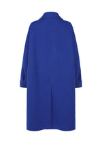 The IM MEN FULLER WOOL coat in blue features a straight cut, long sleeves with buttoned cuffs, and a simple collar for a minimal, elegant look with no visible patterns or decorations. Shown from the back.