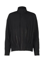 IM MEN's WAFT BLACK is a black long-sleeve polyester jacket with a high collar, button closure, and linen-like texture. Subtle glossy vertical streaks add a textured effect to the lower half and sleeves.