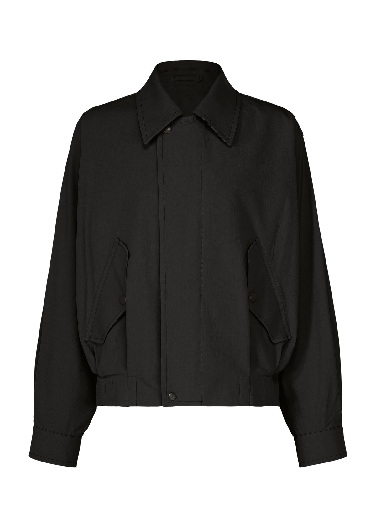 The COMFORT COTTON jacket by IM MEN is a black, long-sleeve, collared piece crafted from organic high-twist cotton for a crisp texture. It features front buttons, two angled flap pockets, and an elastic waistband and cuffs, showcased against a white background. view 1 of 8
