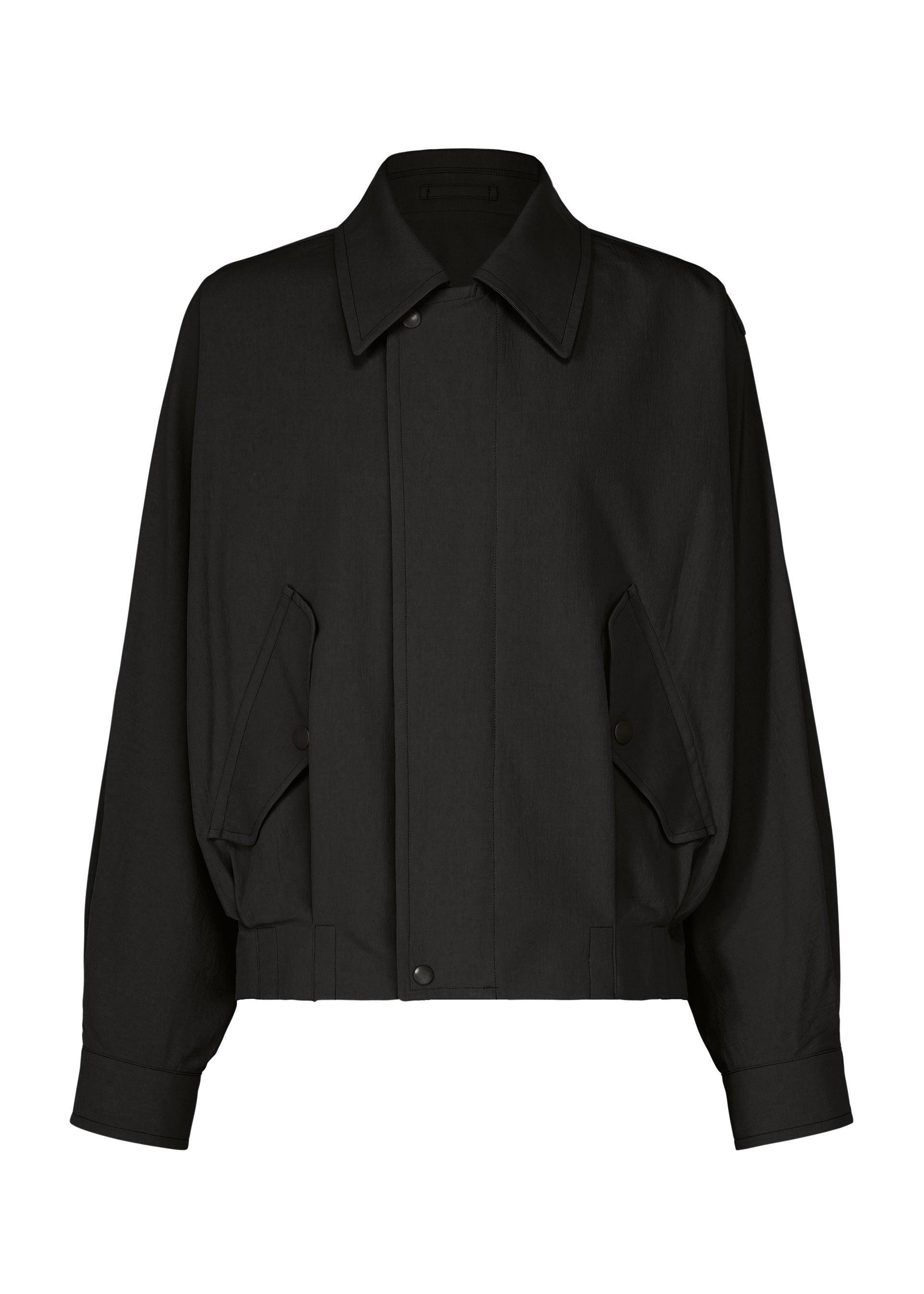 Zoomed view The COMFORT COTTON jacket by IM MEN is a black, long-sleeve, collared piece crafted from organic high-twist cotton for a crisp texture. It features front buttons, two angled flap pockets, and an elastic waistband and cuffs, showcased against a white background. - BLACK （no.15）